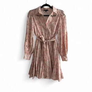 Maje rebelia Pink and white floral print dress with lace collar and tie waist xs